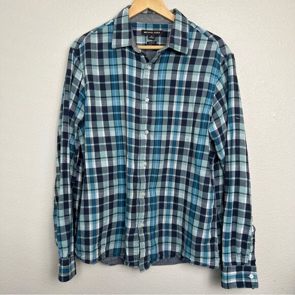 MICHAEL KORS Men's Size XL Blue/Geen Plaid Button Down Long Sleeve - Picture 1 of 8